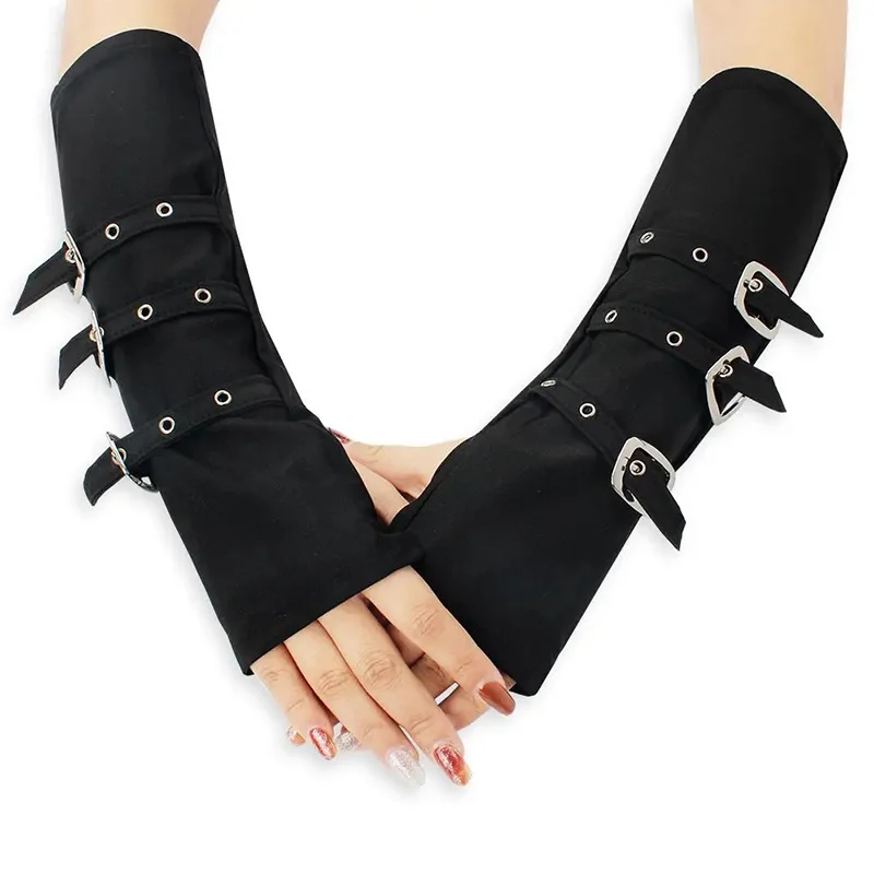 Women Half Finger Metal Buckle Belt Rivet Punk Hip Hop Party Cosplay Dance Mitten Sexy Black Fingerless Milk Silk Glove R46