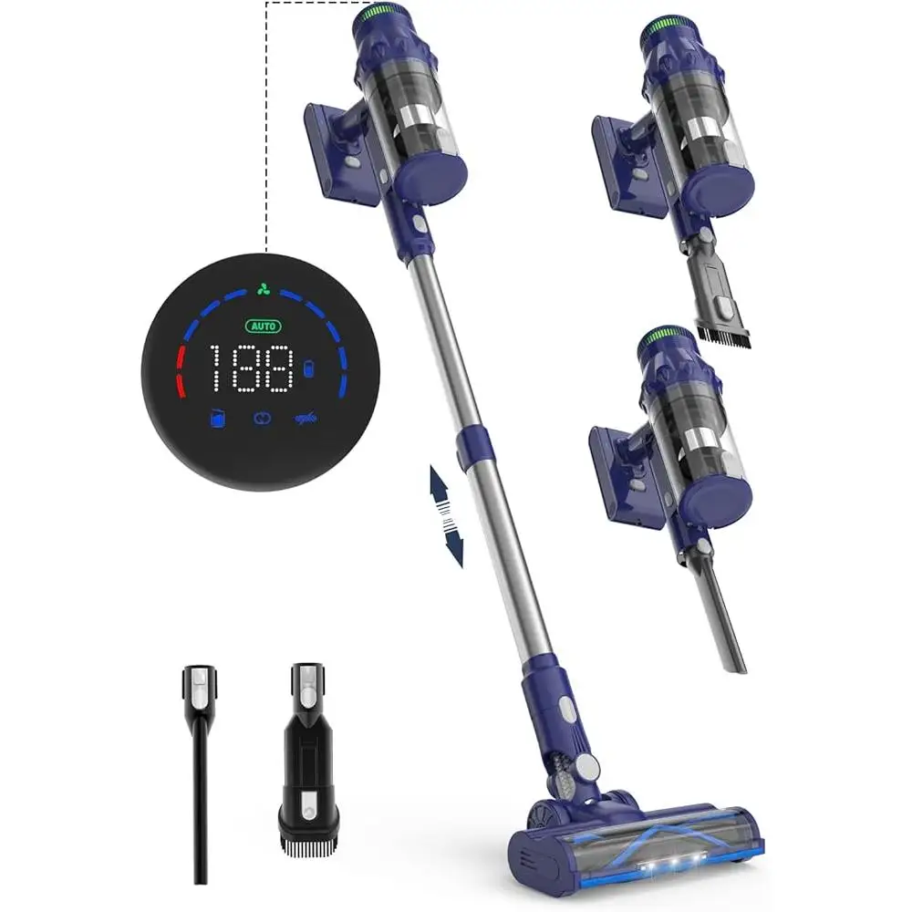 무선 진공 청소기 38000Pa 450W 브러시리스 모터 60분 런타임 LED 터치 스크린 8in1 휴대용 스틱 고효율 HEPA