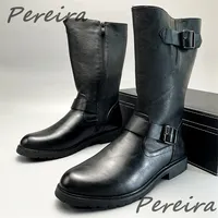 British Style Belt Buckle Knight Boots for Men Black Leather Height Increasing Long Boots Round Toe Side Zipper Motorcycle Boots