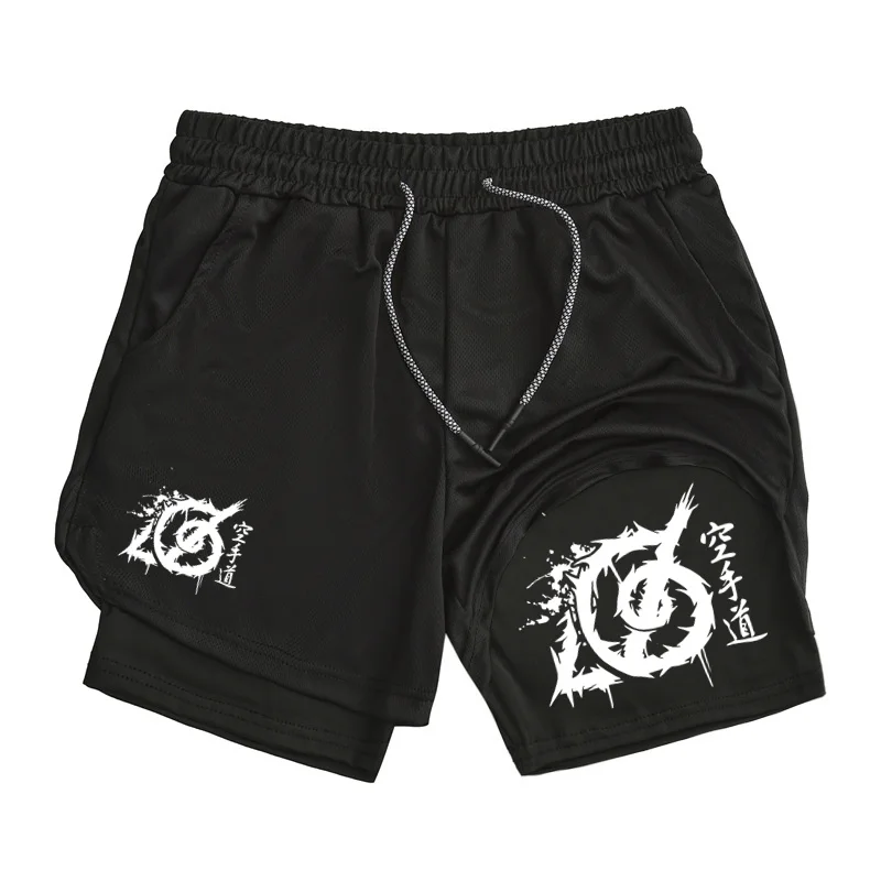 

Мужские шорты для бега 2-в-1 для тренировок с рисунком каратэ, спортивные спортивные шорты для спортзала с компрессионной подкладкой, карман для телефона и петля для полотенец