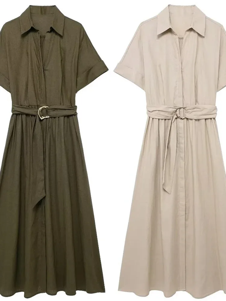 Letnia Nowa Kolekcja Damska Moda w Stylu Amerykańskim Modna Sukienka Midi w Stylu Koszuli z Mieszanki Lnu Casualowe Damskie Bluzki T7YD