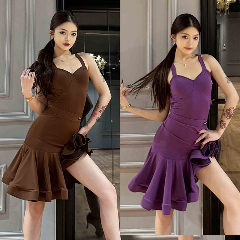 

Summer Latin Dance Clothes Women Adult Suspender Tops Fishbone Skirt Cha Cha Rumba Performance Costume Practice Dress DNV22381