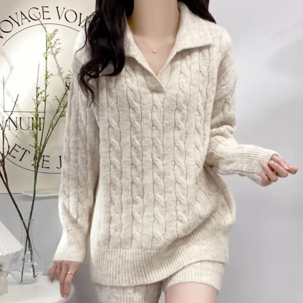 

Chic Autumn Winter Ne Knitted Sweater Casual off oulder Women's Set ort Pants Comfortable Warm Faion Korean Sle