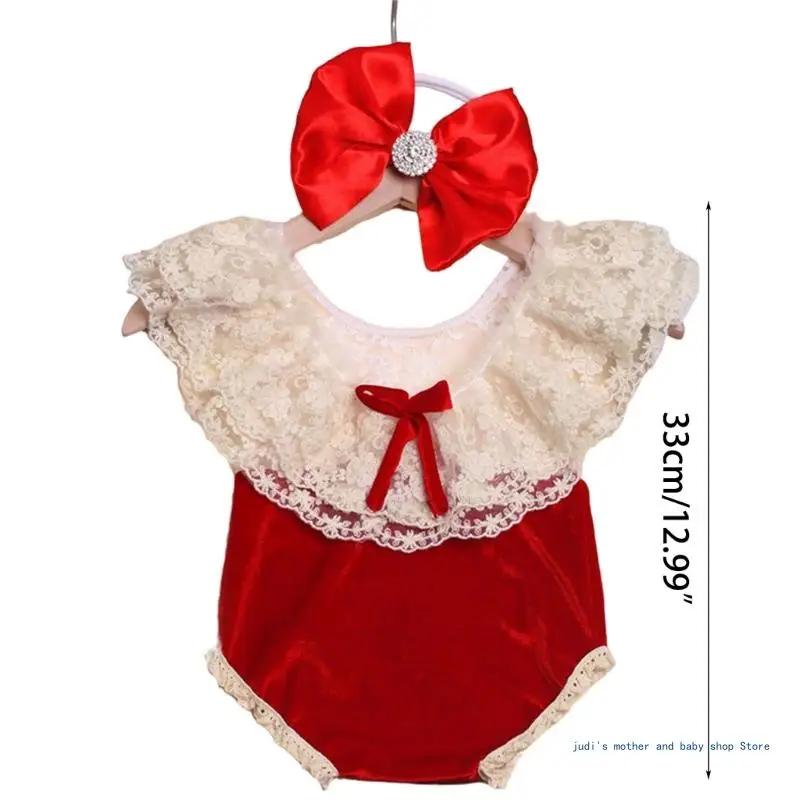 67JC Newborn New Year Red Costume Headwear Backless Romper Baby Photography Clothing