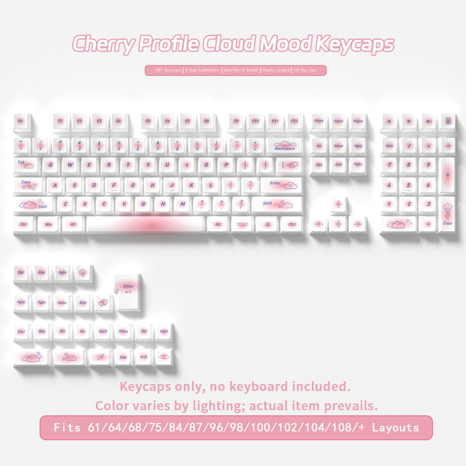 Клавиши Cloud Mood, 132 клавиши, материал PBT, профиль Cherry, DYE-SUB, для механических клавиатур MX Switch Wooting, раскладка ISO ANSI