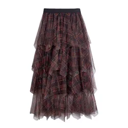 Checkered mesh skirt 2025 autumn and winter irregular layered cake skirt high waist slimming mid length skirt for women new