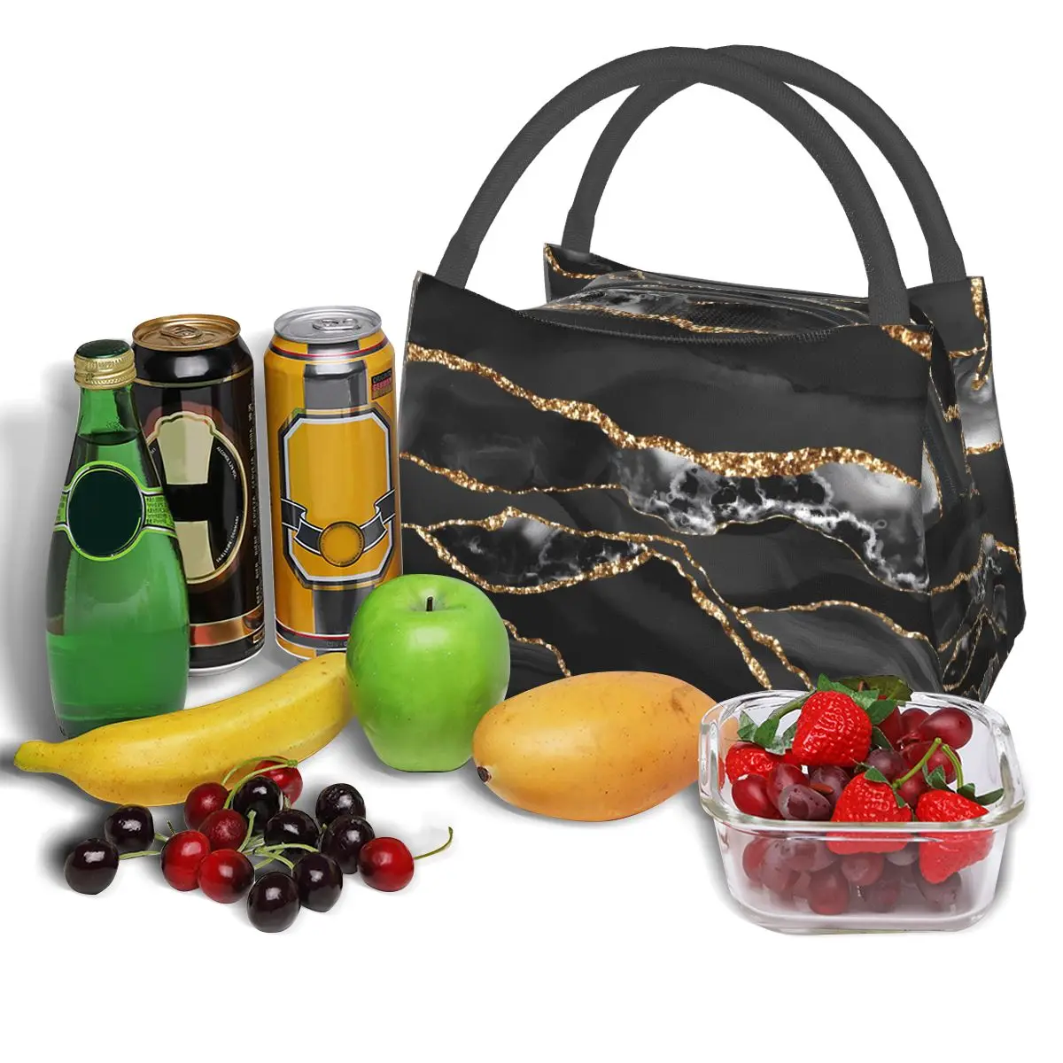 Glitter Marble Lunch Bag Black and Gold Fun Lunch Box Outdoor Picnic Portable Tote Food Bags Print Cooler Bag