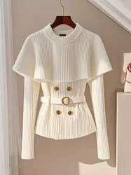 Chic Pullover Knitted Sweater Women Outerwear Spring Autumn New Slim Long-sleeved Cape Shawl Waist Soft Waxy Sweater Jacket Tops