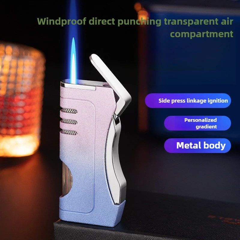 

Ветрозащитная зажигалка с синим пламенем, турбо-трубка, бутановая многоразовая зажигалка с струйным пламенем, креативный аксессуар для сигарет, подарки, новинка