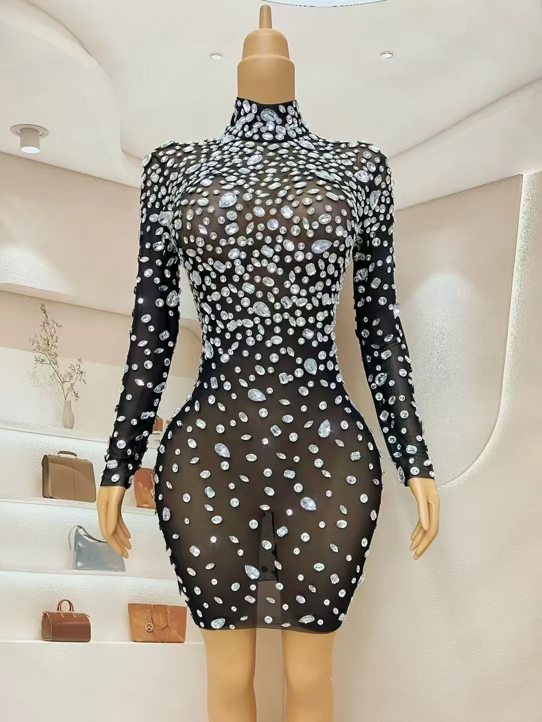Sexy Transparent Mesh Flashing Big Silver Rhinestone Dress Birthday Evening Nightclub Party Luxury Gown Singer Perform Costume