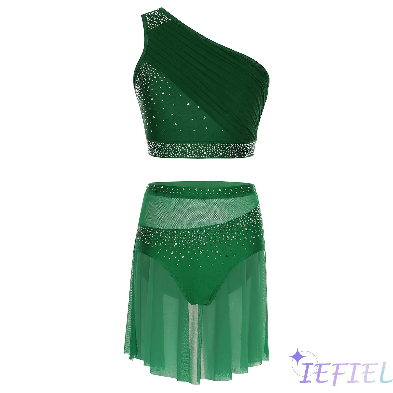 

Womens Lyrical Belly Dance Costume One Shoulder Sleeveless Ruched Crop Top And Skirt 2-piece Set for Stage Modern Dance Chacha