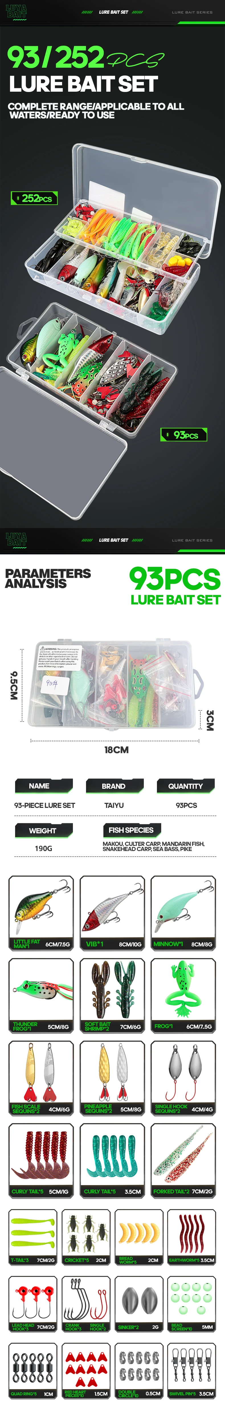 TAIYU 93/252 Stück Angelköder-Set für Forelle/Hecht/Barsch, Multi-Köder-Angelset, weiche/harte Köder und Zubehör mit geschichtetem Tackle – Detail 1