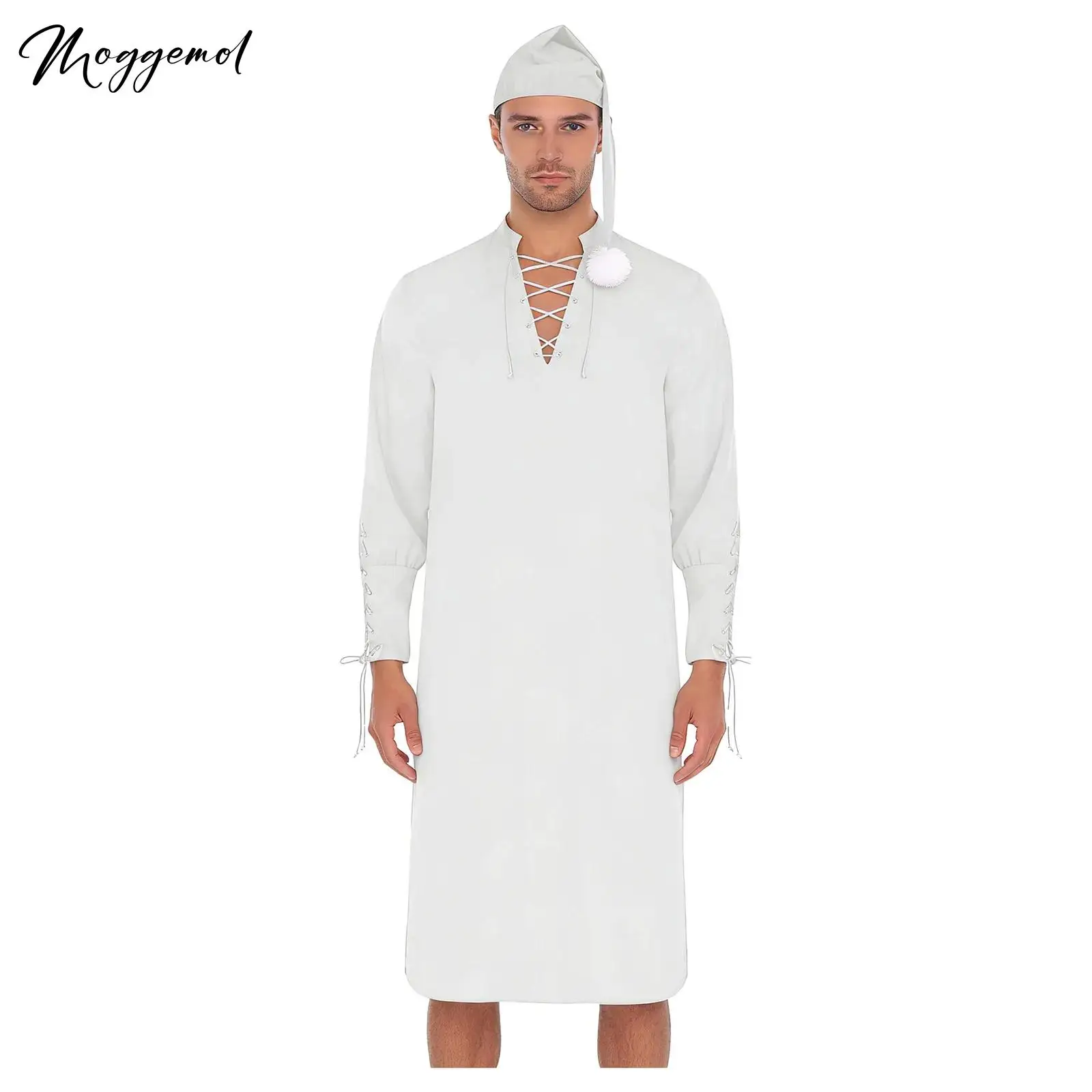 

Мужской винтажный пеньюар в стиле Ренессанс с шапочкой, шнуровкой на шее и манжетах, длинными рукавами, свободный халат и шапочка с помпоном для пижамной вечеринки