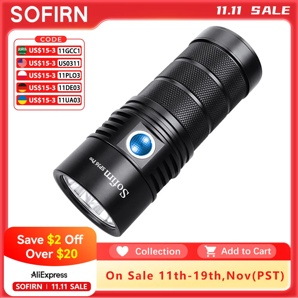 強力なLED懐中電灯Sofirn-SP36プロ,USB C充電式,トーチ,8000lm, 4 x sst40,18650