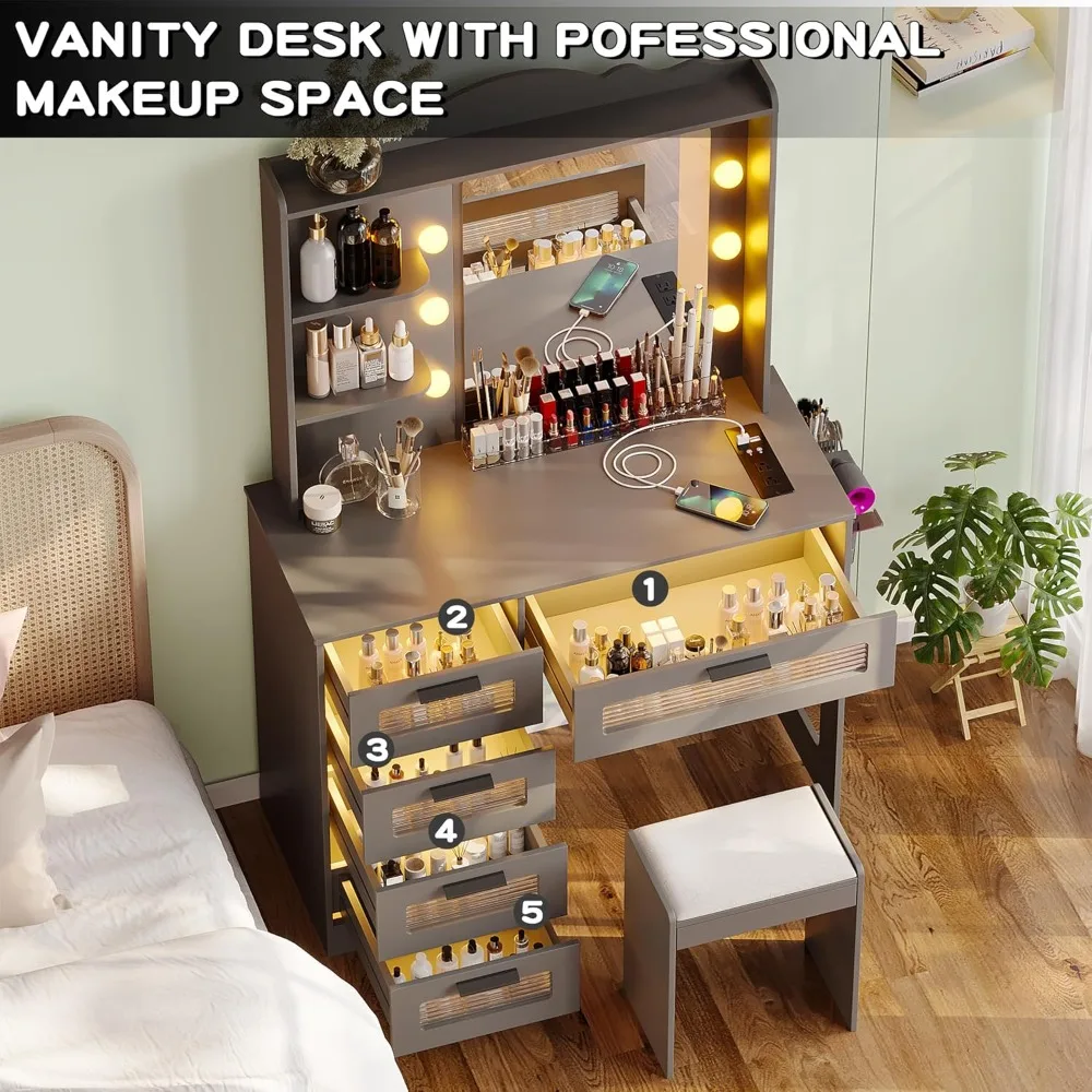 طاولة مكياج مع 10 لمبات إضاءة، مكتب زينة حديث مع مرآة و3 أوضاع إضاءة، مجموعة طاولة زينة مع 2 USB P