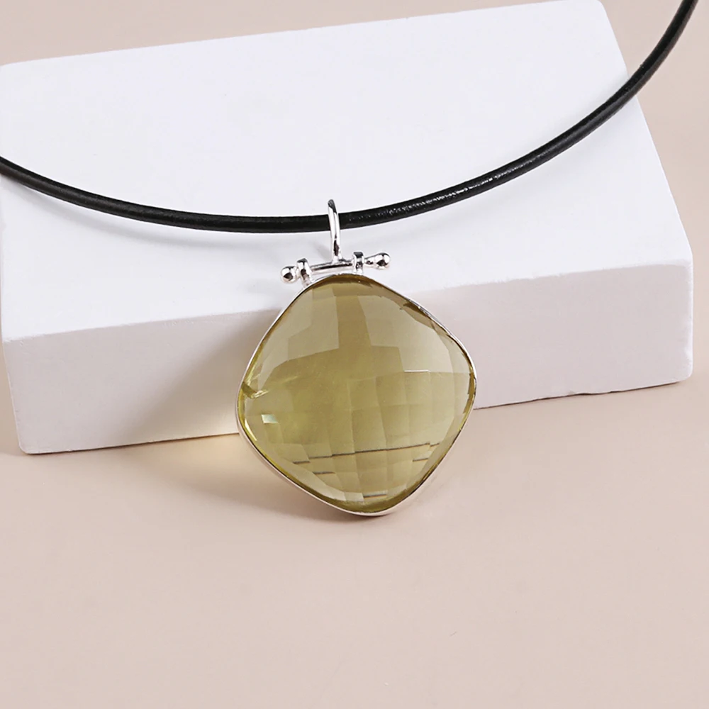 

Natural Big gemstone pendant necklace Lemon quartz inclusion handamde unique design 925 sterling silver fine jewelry for women