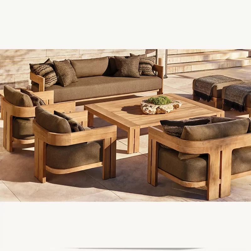 Teak Sofa, 3-Seat Solid Teak Frame with Textured Fabric Cushion, Modern Outdoor Patio Sofa
