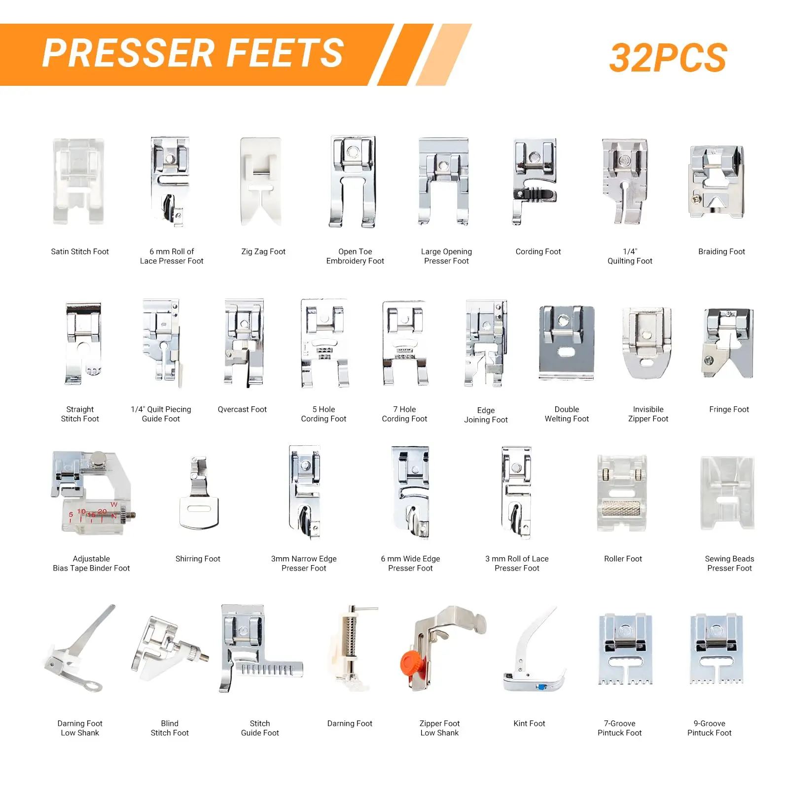 32 in 1 Multi-Function Sewing Presser Foot Kit | Must-Have Universal Low Shank Presser Feet Set for Quilting, Zipper, Button