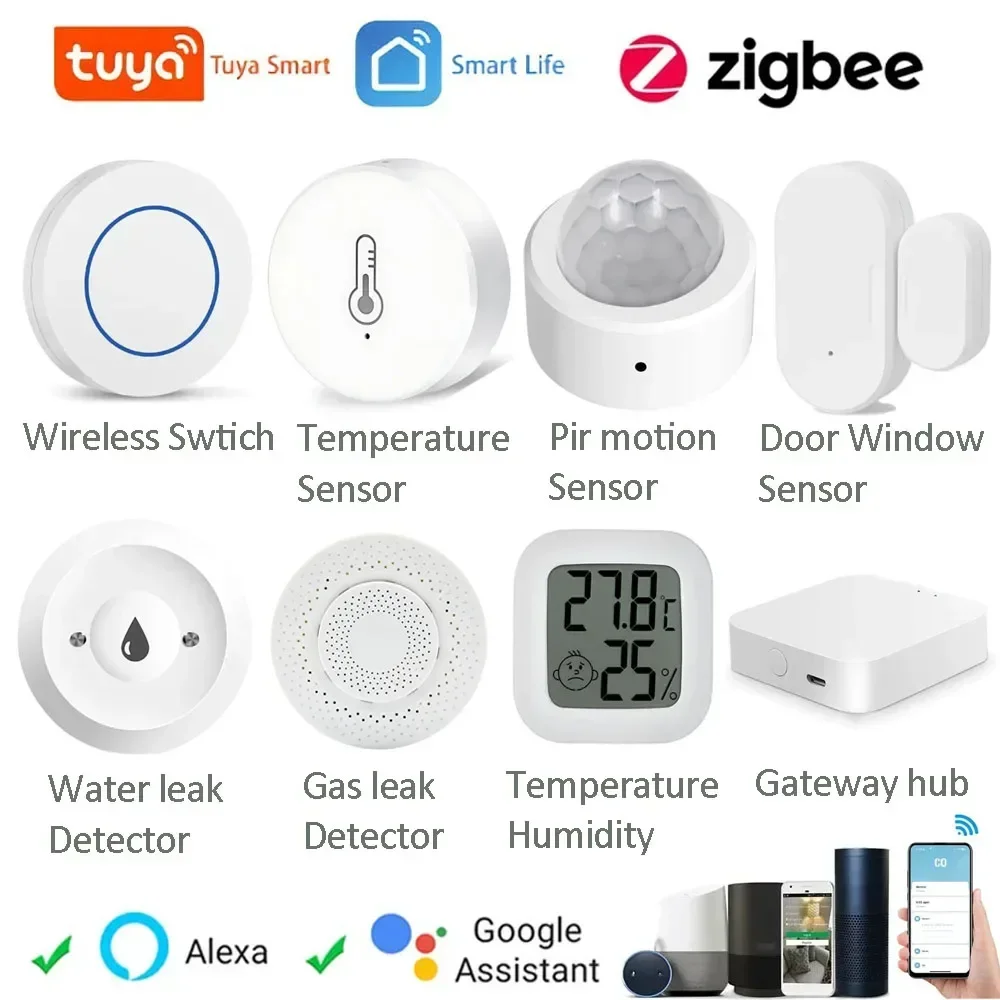 Tuya Zigbee Door Window Switch LCD Temperature and Humidity Sensor Water Gas Detector Motion Detector Sensor Gateway Hub Alexa