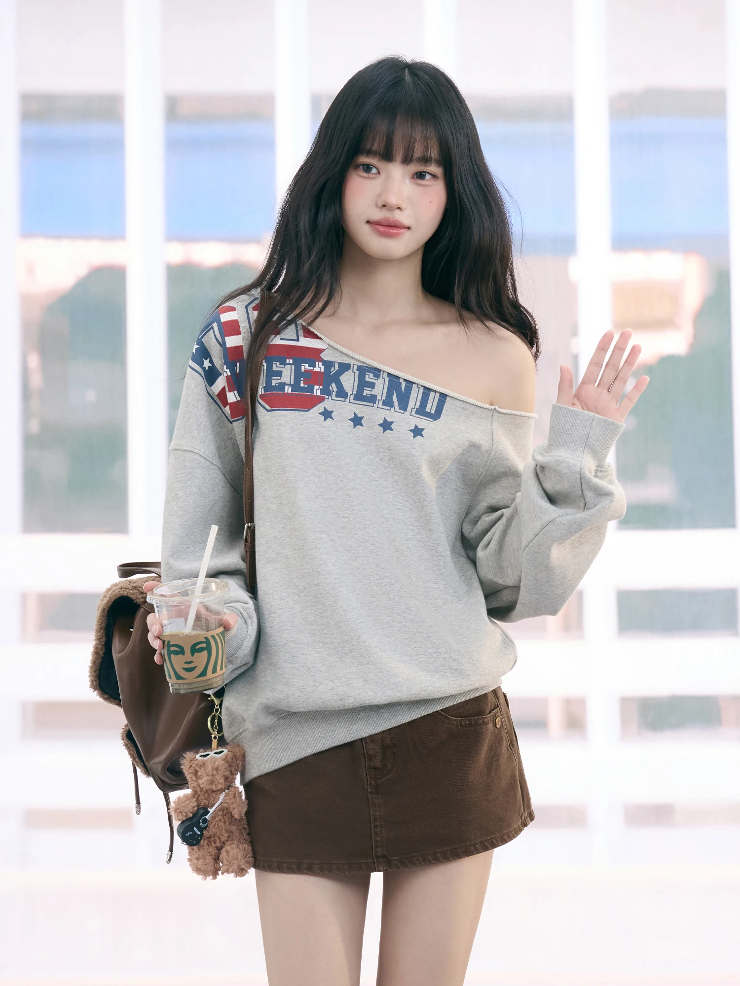 

Wedhub American Retro Print Asymmetrical oulder Long Sve Hoodie Women's New Autumn ey Top Beautiful Cotton Blend