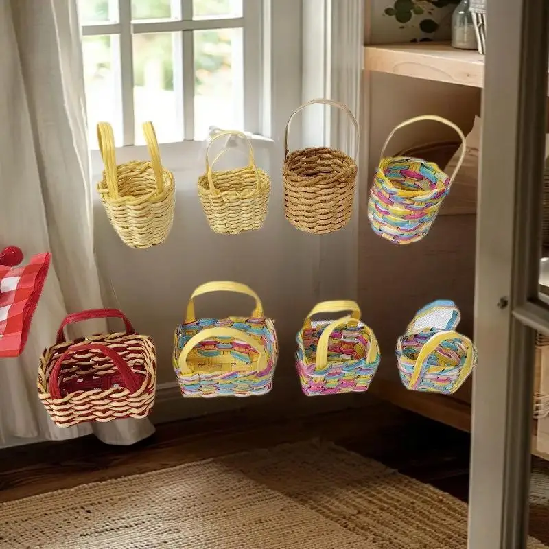عبوة من دعامة السلة المنسوجة ذات الطراز المصغر، ديكور بيت الدمى، مثالية لمشهد حمل الزهور والأساسيات اليومية