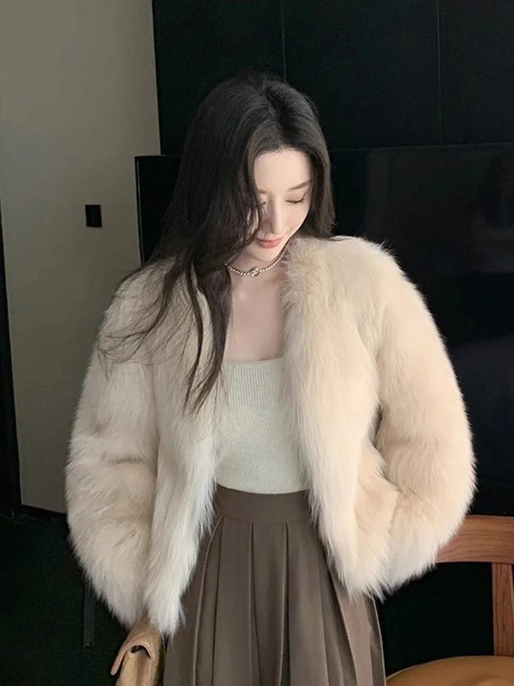 Elegancki płaszcz zimowy z imitacji futra damski długi rękaw dopasowany gruby ciepły kurtka koreańska moda dekolt w serek jednolity kolor imitacja futra lisa odzież wierzchnia