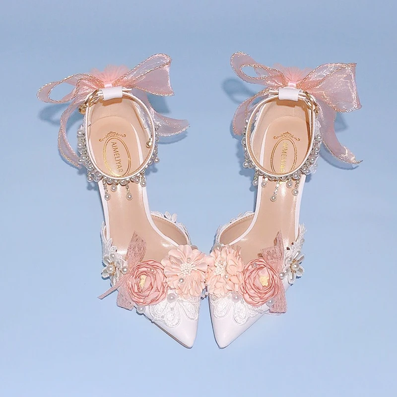 Pearl Rhinestone Tassel Ankle Strap Sandals Bride Dress High Heel Pink Bowknot Wedding Shoes Bridesmaid Lace Flower Sweet Shoes