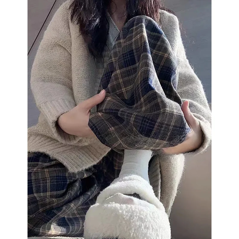 Ladies' Lazy Style Plaid Pants High Waist Wide Leg Casual Loose Fitting Autumn 2025 New plus Size Slimming Floor Length