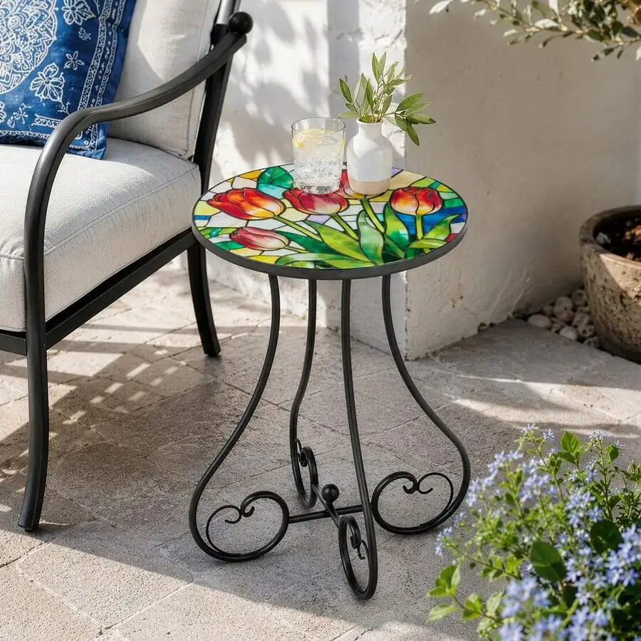 14 Inch Tulip Mosaic Side Table, Round Iron Top With Butterfly Legs, Indoor Outdoor Accent End Table