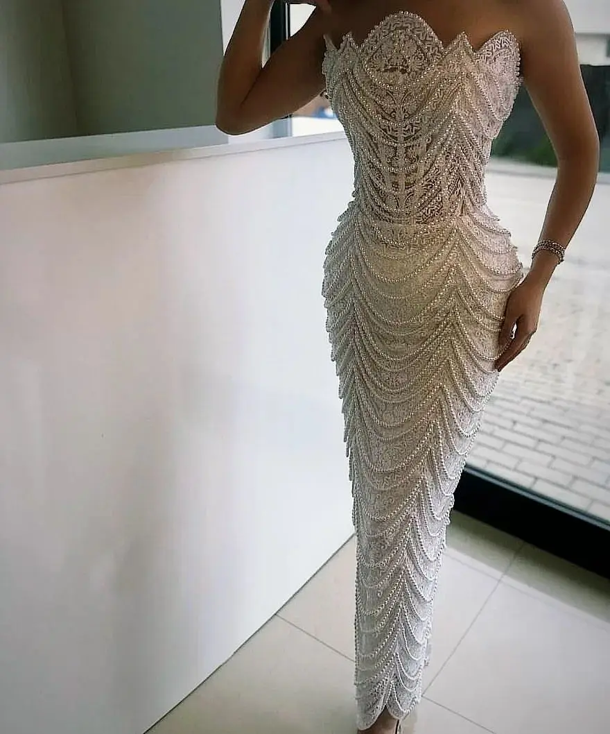 customized Saudi Luxury Evening Dresses Pearl Strapless Lace Party Gowns Floor Length Beading Tassels Prom Dresses For Wedding