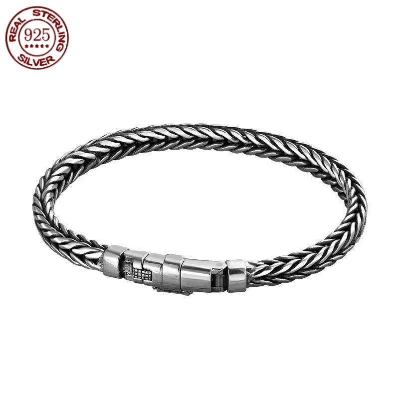 100% Solid S925 Sterling Silver 6MM Braided Bracelet for Men Solid Silver Steampunk Hiphop Rock Style Fashion Part Jewelry Gift