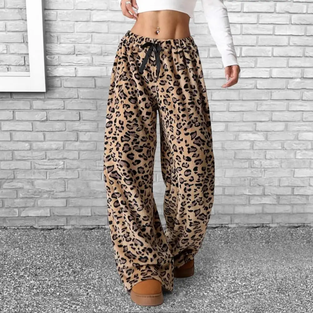 

Women Casual Trousers Elastic Waistband Drawstring Tie Pajama Bottoms Leopard Print Wide Leg Lounge Pants