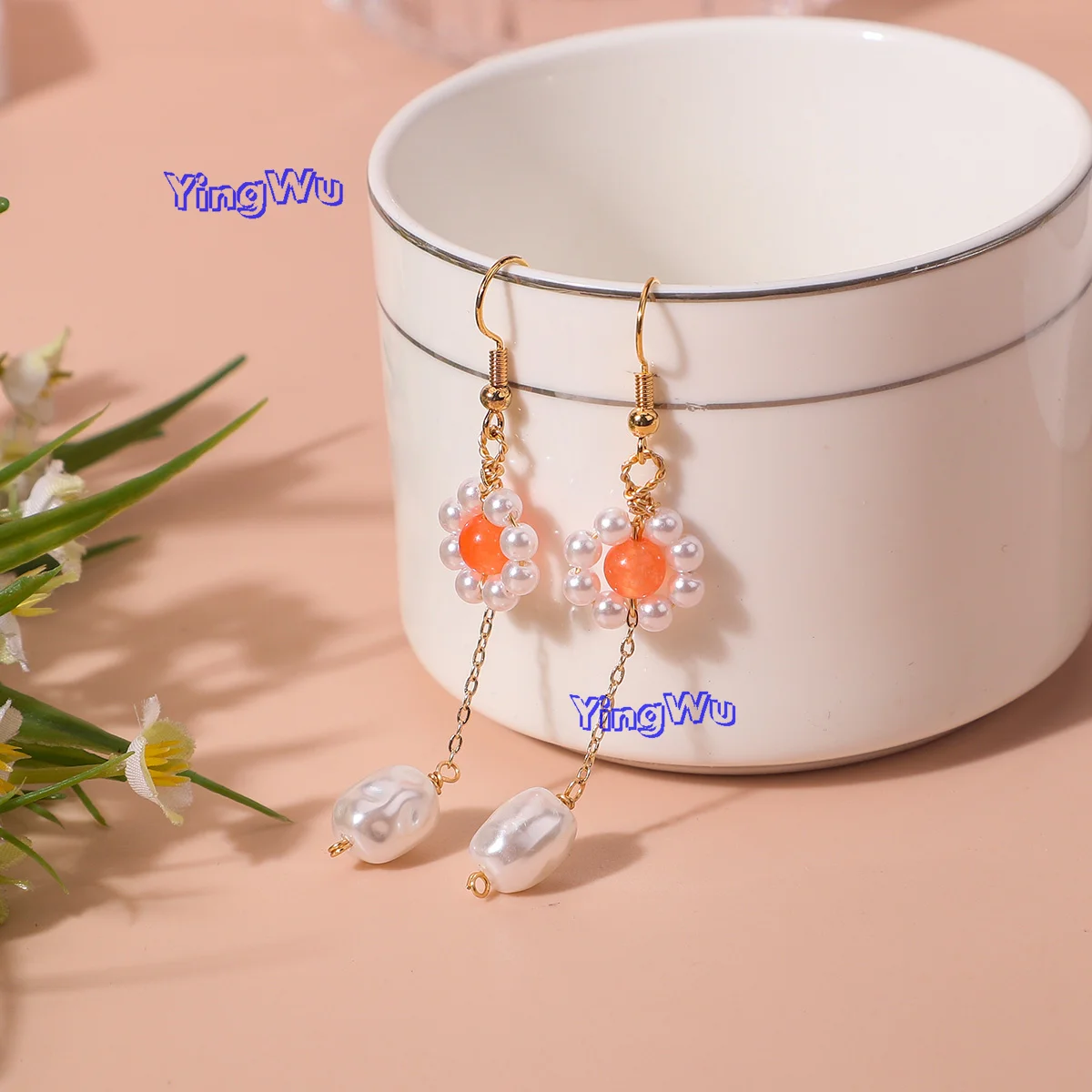 Yingwu 1Pairs Flower Resin Pearl Handmade Women Dangle Earrings