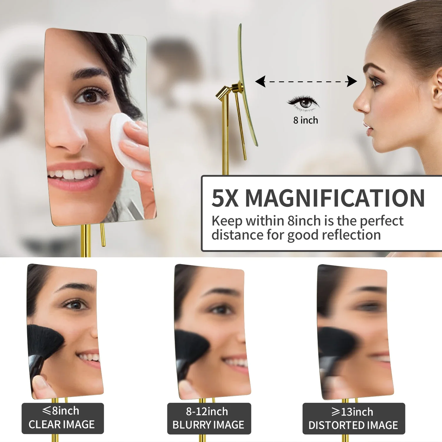 Frameless Rectangle Tabletop Vanity Mirror with Single Side Adjustable Easy Positioning 5X Magnification, 304 Stainless St