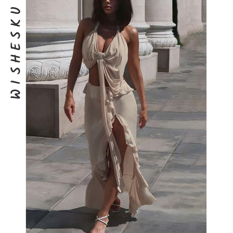 

Sexy Halter Slim Cleavage Backless Crop Top+High Waist Slit Ruffled Maxi Skirt Suit 2025 Summer Beach Night Prom Y2K Clothes