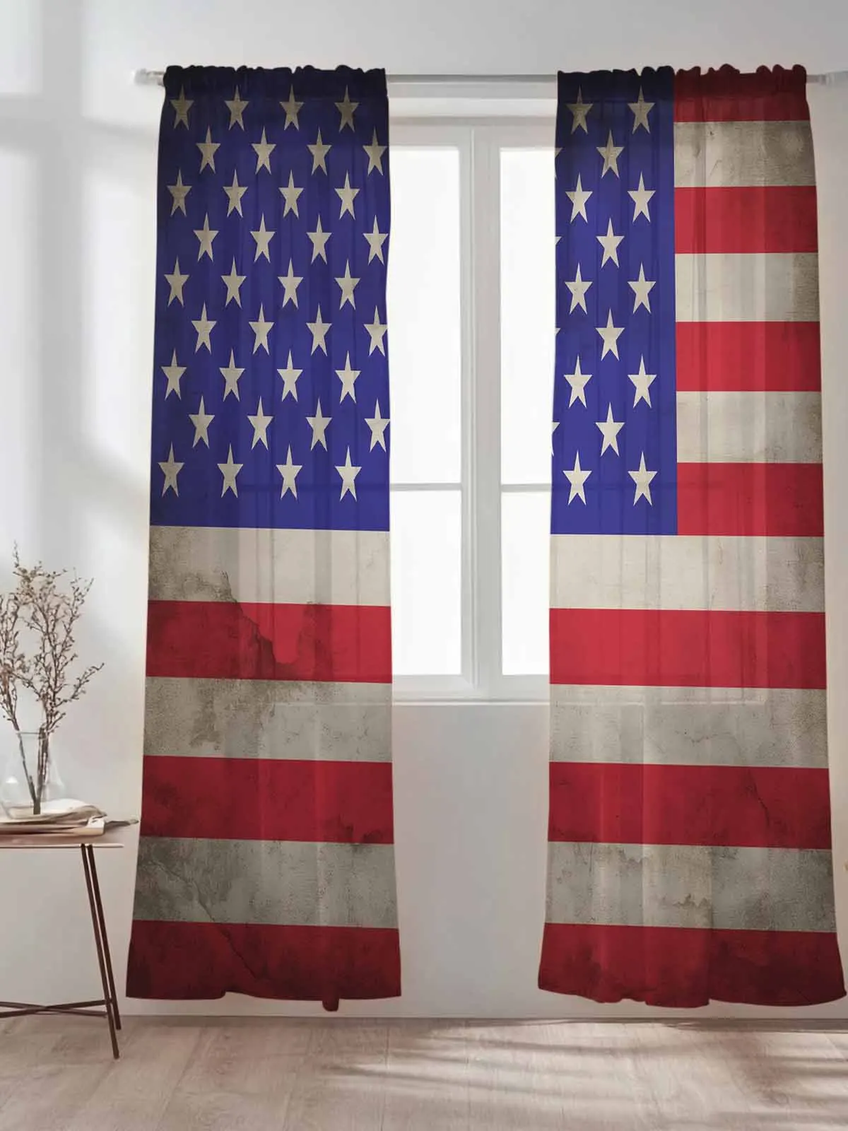 

Retro American USA Flag Tulle Sheer Curtains for Living Room Bedroom Kitchen Decoration Voile Organza Curtains