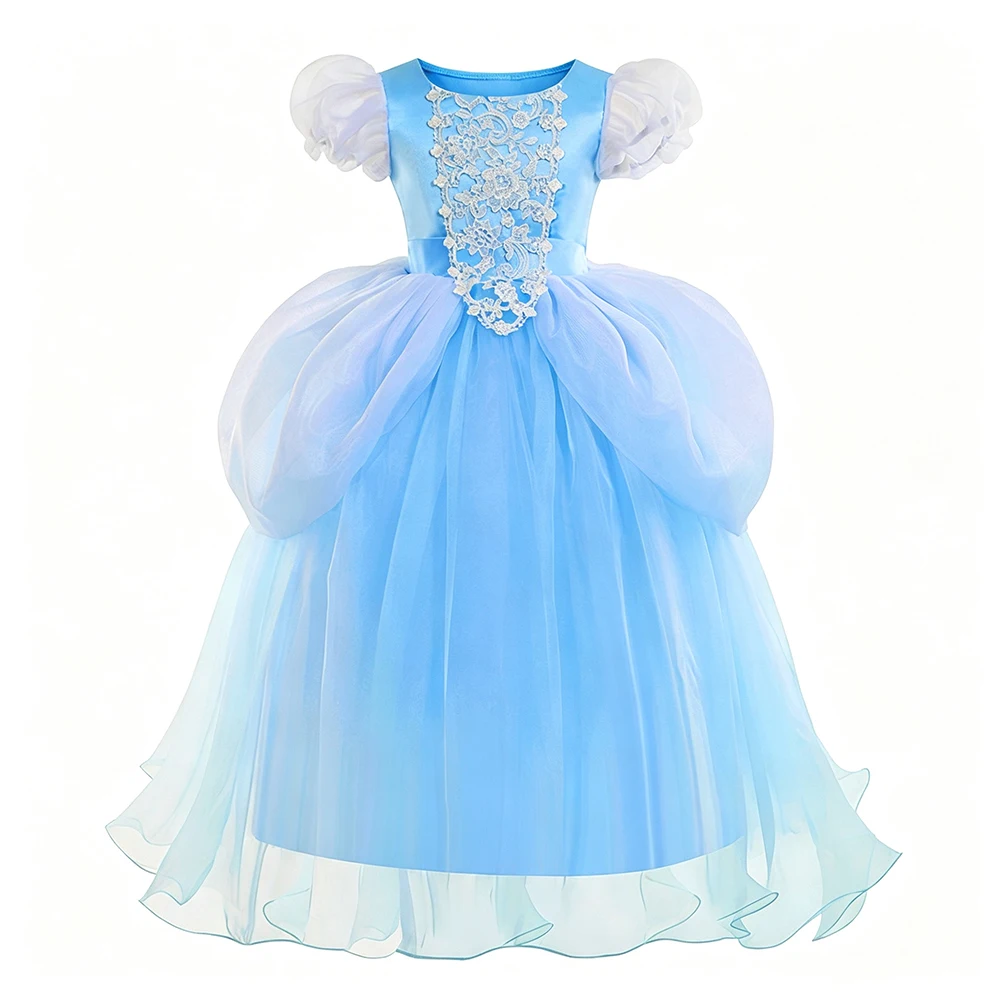 Märchenhaftes Glasstieferl-Kleid für Kinder, Cinderella Geburtstagskleid, Sommerliches Spitzenprinzessinnenkleid mit Puffrock für Halloween, Karneval, Party und Cosplay – Detail 3