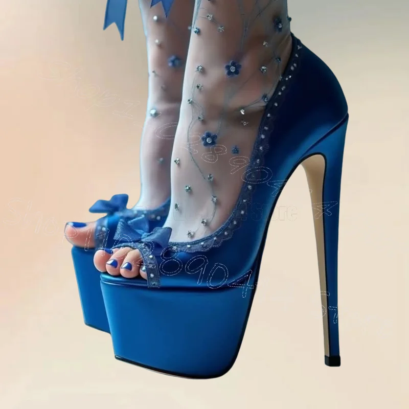 

Blue Bow Knot Ruffles Rivets Silk Platform Pumps Slip On Women Shoes Thin High Heels Party Feast Dating 2025 Zapatos Para Mujere