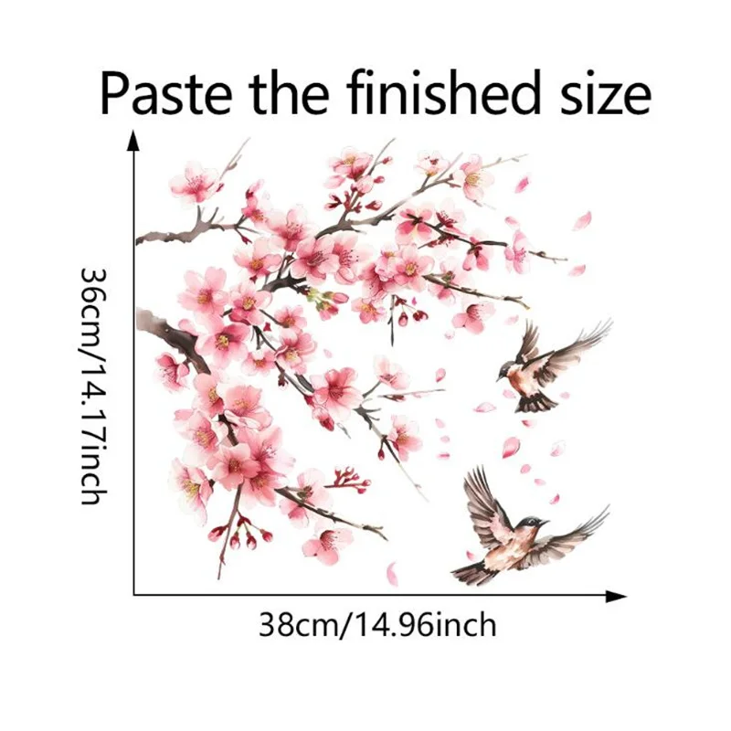 Abnehmbare Aquarell rosa Pfirsich blüte Äste Vögel Wanda uf kleber für Schlafzimmer Wohnzimmer Glasfenster dekorativ – Detail 1