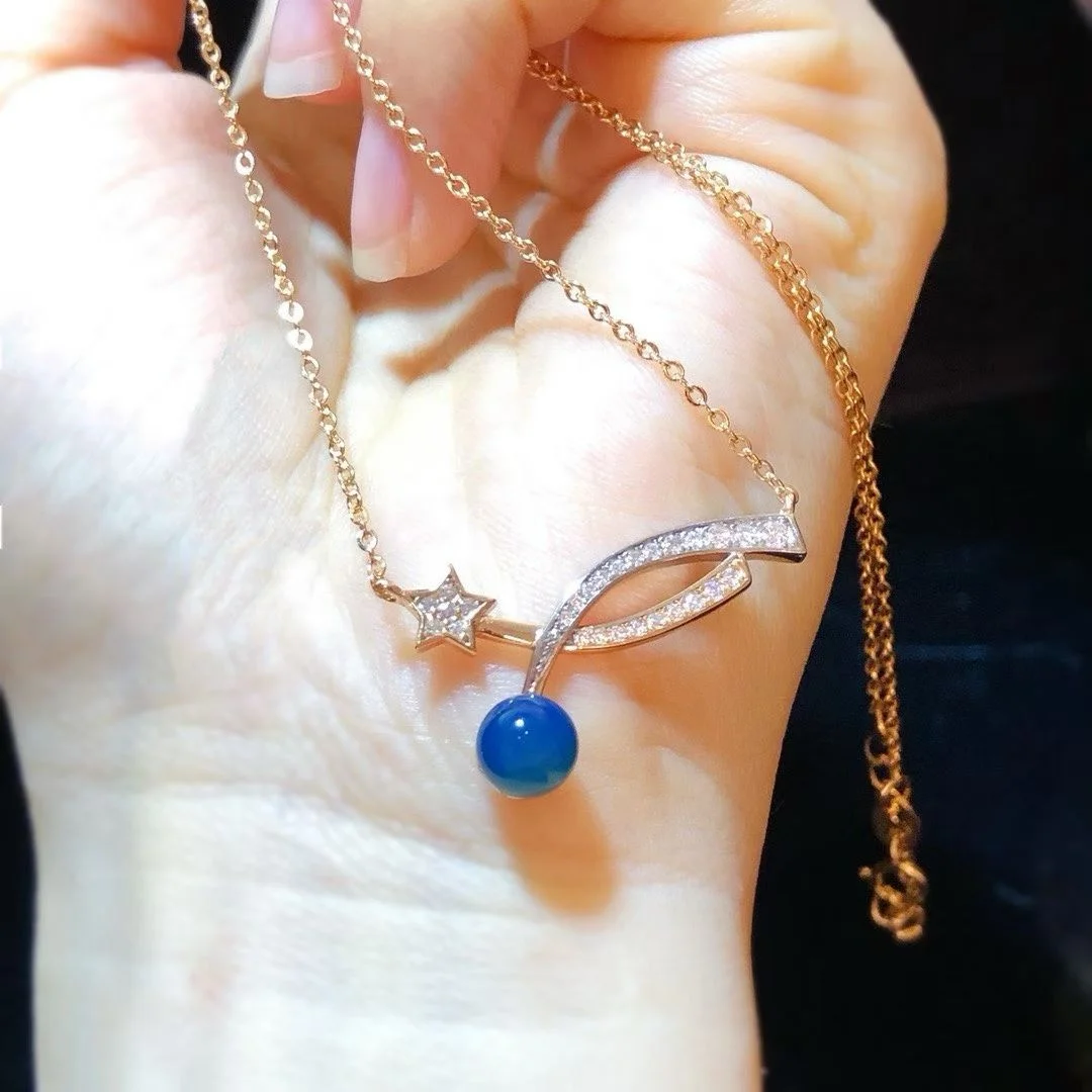 Certificate 925 Silver Natural Dominican Blue Amber Bead Meteor Necklace Women Elegant Jewelry AU750 Rose Gold Star Sun Choker