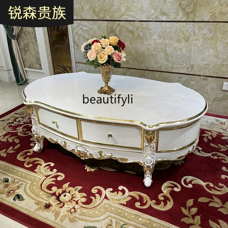 

French solid wood oval coffee table, European style fashionable neoclassical with drawers, large apartment tea table6005