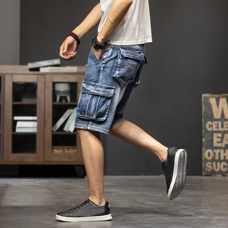 Multi-pocket five-point denim shorts male loose large size cropped plus size summer thin section streetwear cargo shorts men 44