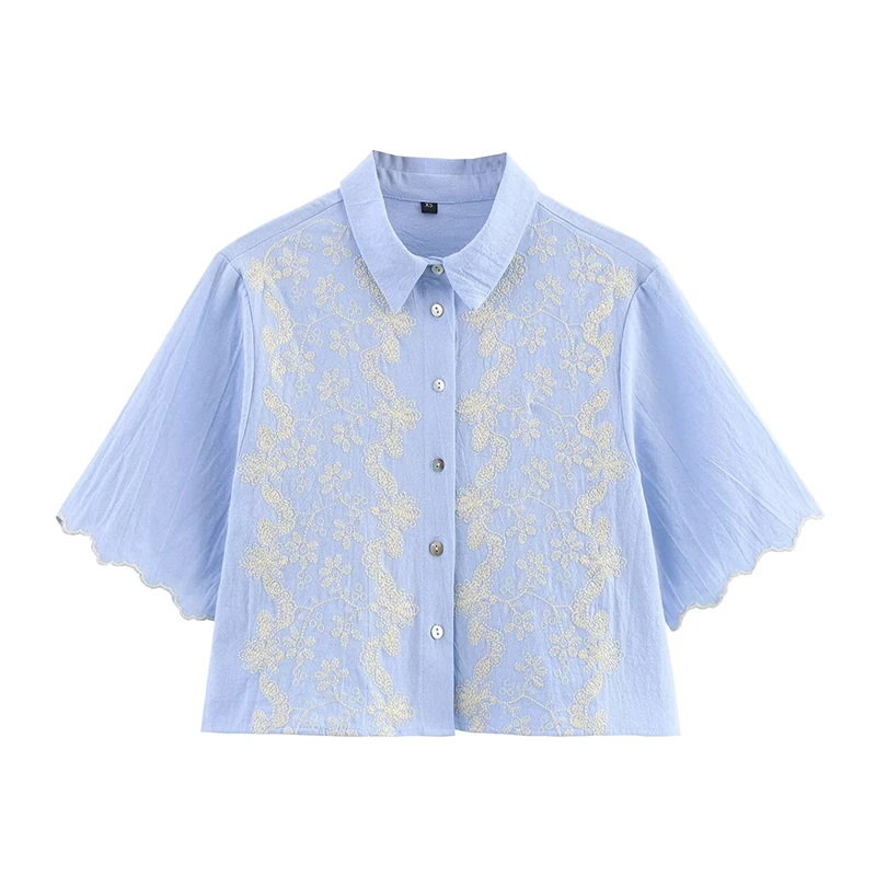 

YENKYE Embroidery Crop Shirt Women Short Sleeve Lapel Collar Front Button Summer Blouse Casual Streetwear Tops
