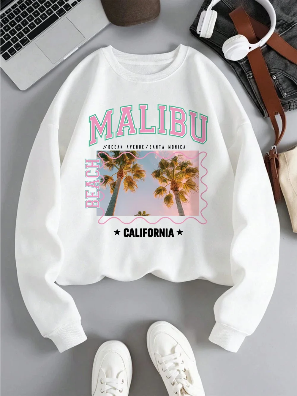 

Пляжные толстовки Malibu, женские толстовки с принтом Калифорнии, свободная флисовая теплая одежда с круглым вырезом, повседневный удобный женский пуловер