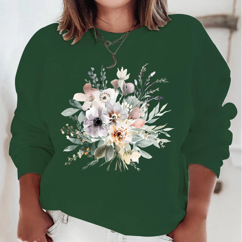 Casual Vintage Dames Sweatshirts Aquarel Bloemenprint Hoodie Losse Ronde Hals Pullover Met Lange Mouwen Boho Wilde Bloem Hoodies