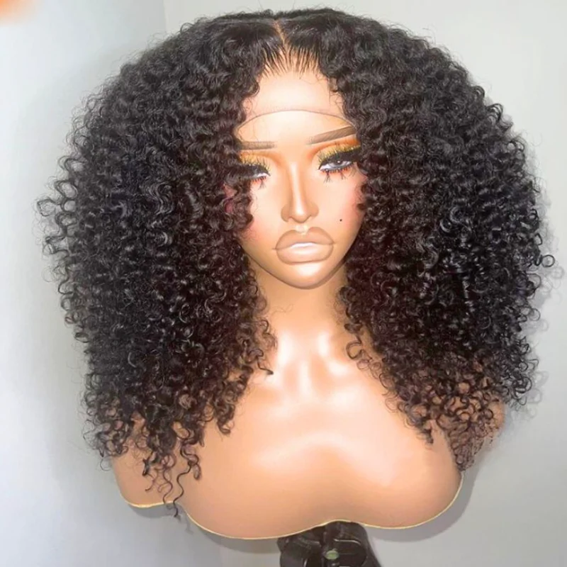 Lembut 26 "180 kepadatan panjang alami hitam keriting keriting renda depan Wig untuk wanita dengan rambut bayi prepked harian tanpa lem sintetis