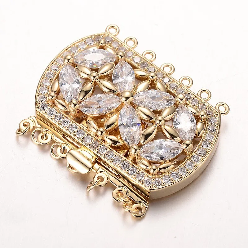 2set Brass Cubic Zirconia Rectangle Box Clasps, 34x43x12mm with 1.5mm Hole, Cadmium & Nickel & Lead Free for Jewelry Making