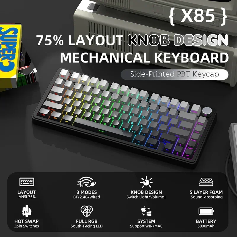 Teclado mecánico Bluetooth Attack Shark X85, trimododo 2,4G, efectos RGB, perillas de metal, intercambio en caliente de tecla completa, win & mac