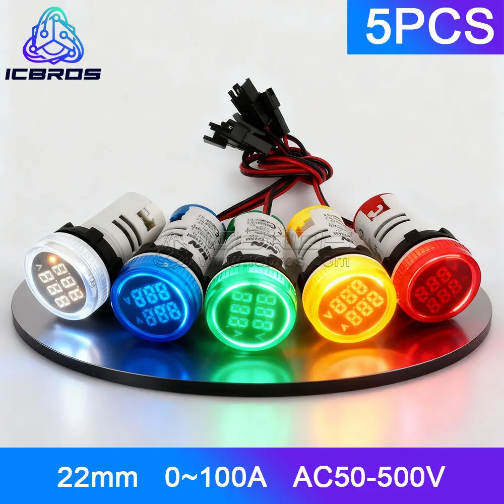 22mm LED Signal Gauge AD101-22VAM Round Dual Digital Display Voltage Ampere Current Meter Voltmeter Ammeter AC 50-500V 0-100A