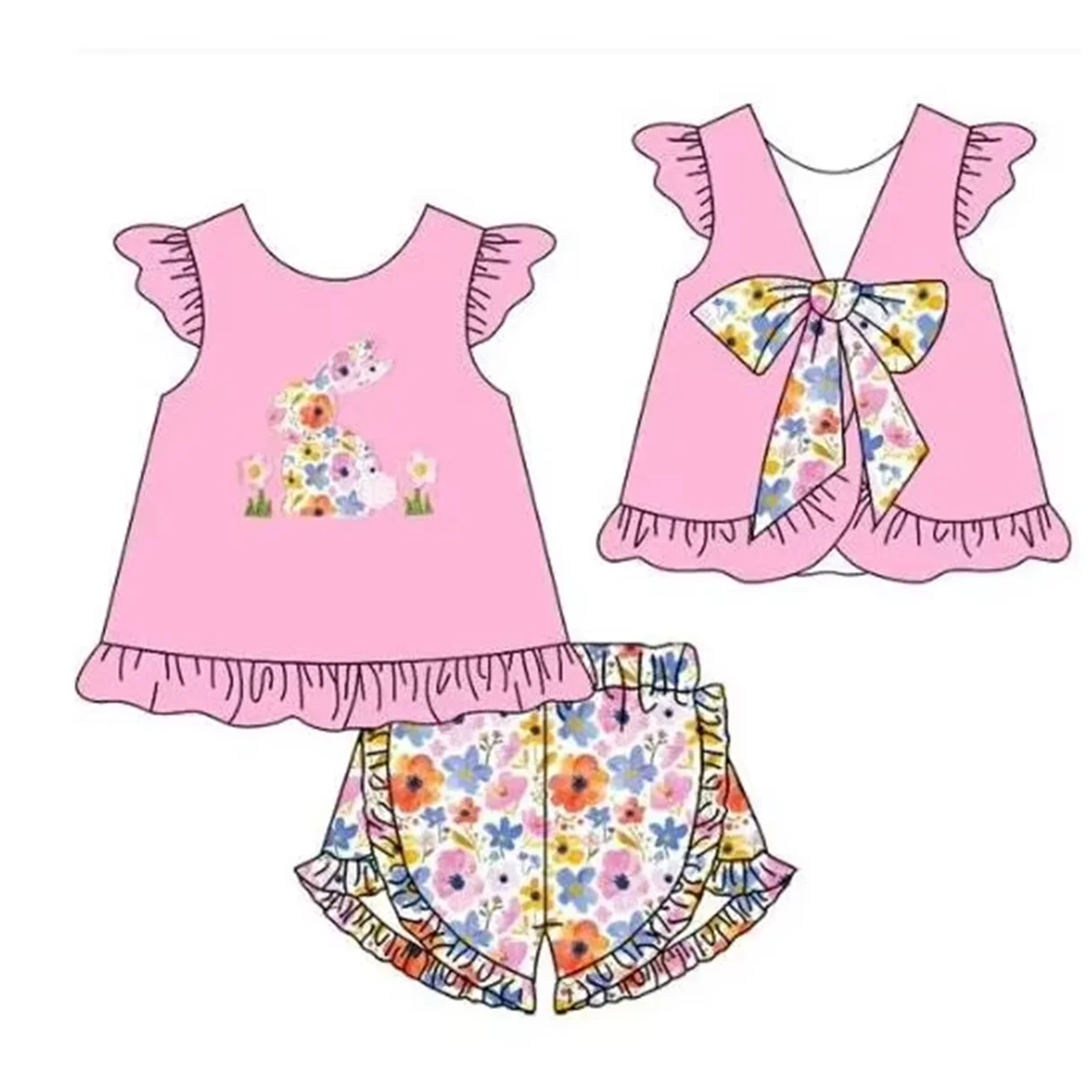 High Quality Children Easter Bunny Print Sibling Sister Short Sleeve Boutique Kids Clothing